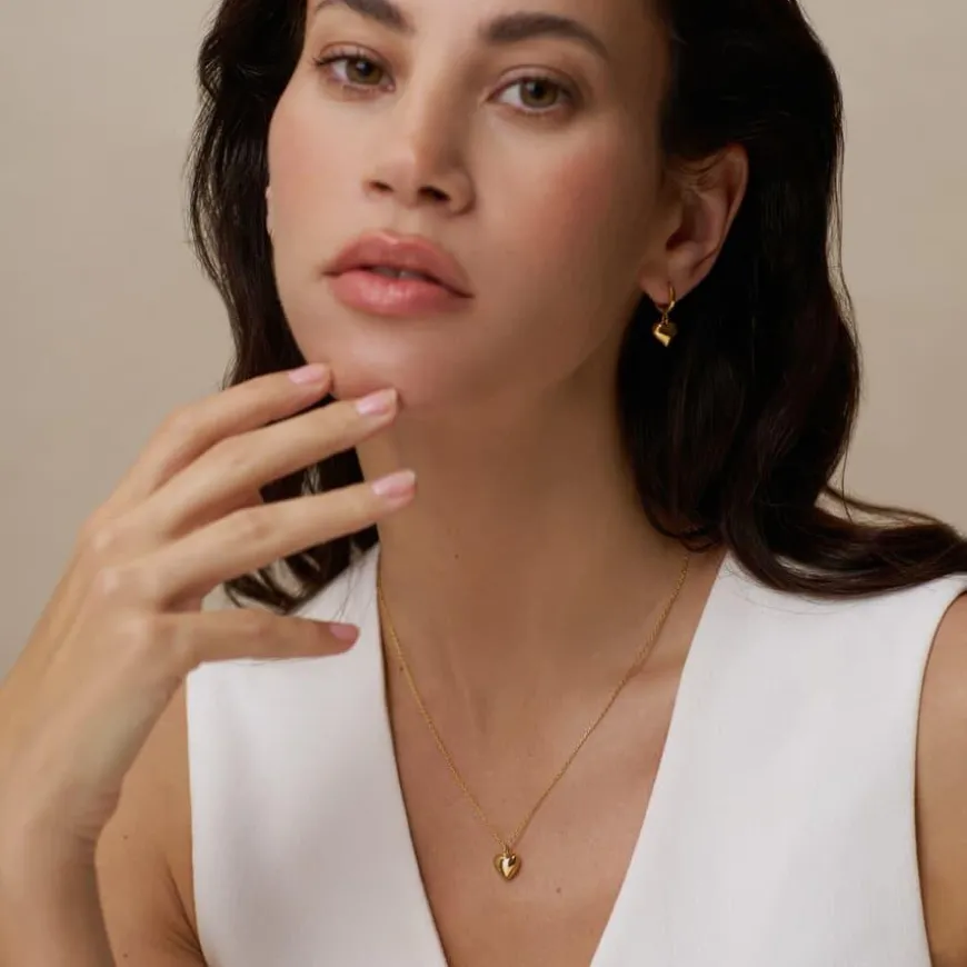 Domed Heart Charm Huggie Hoops Gold