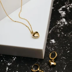 Domed Heart Charm Huggie Hoops Gold