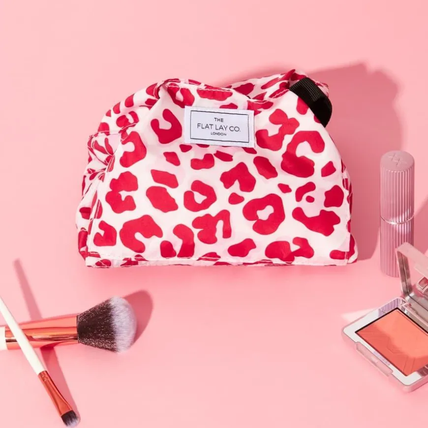 Drawstring Flat Lay Makeup Bag Pink Leopard Print