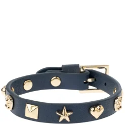 Leather Sign Stud Bracelet Navy Blue