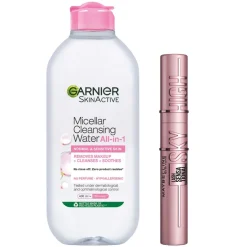 Maybelline Lash Sensational Sky High Mascara Black + Garnier Micellar Cleansing Water Normal & Sensitive Skin