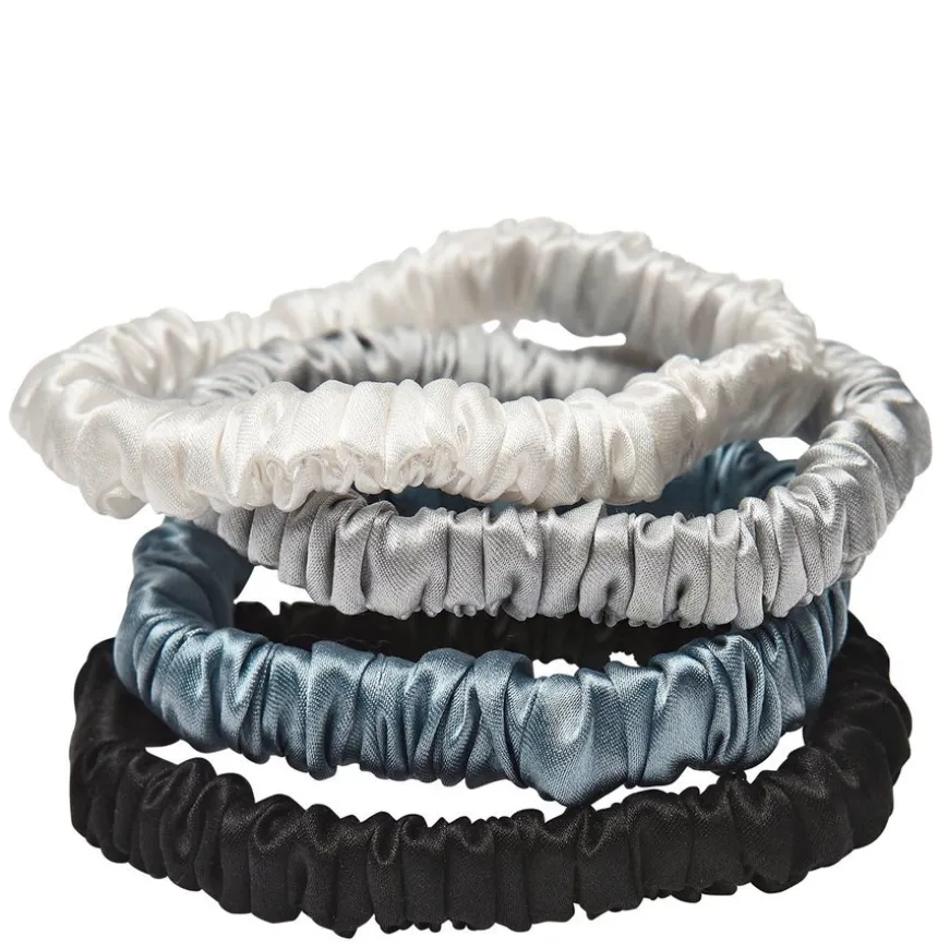 Mulberry Silk Skinny Scrunchies White, Light Grey, Blue, Black 4pcs