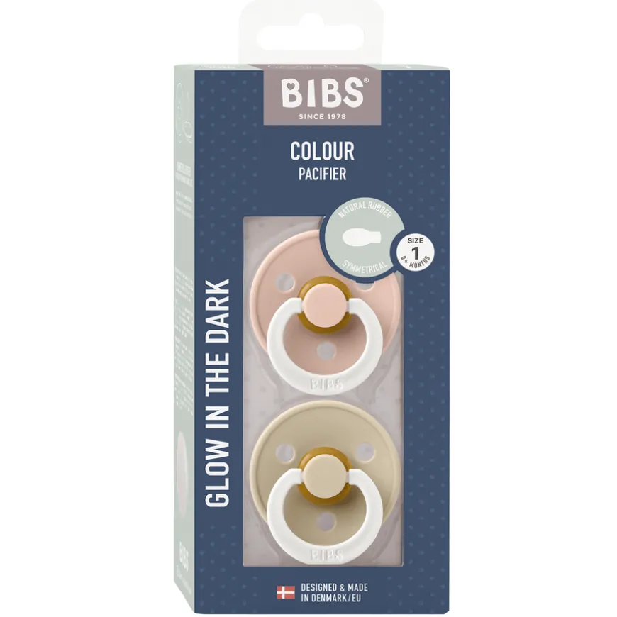 Pacifier Colour Latex Symmetric Blush Glow/Vanilla Glow Size 1 2pcs