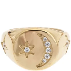 Star & Moon Signet Ring With Crystals Size 1