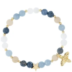 Stone Bead Bracelet 6mm With Gold Beads & Charm Blue & Sand Mix