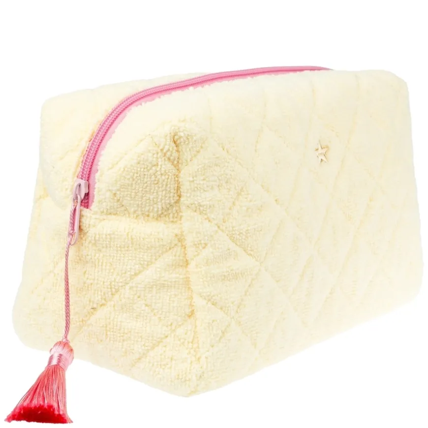 Terry Quilted Make-Up Pouch Large Pale Yellow With Bubblegum Pink