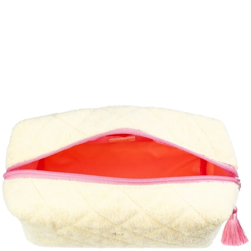 Terry Quilted Make-Up Pouch Large Pale Yellow With Bubblegum Pink