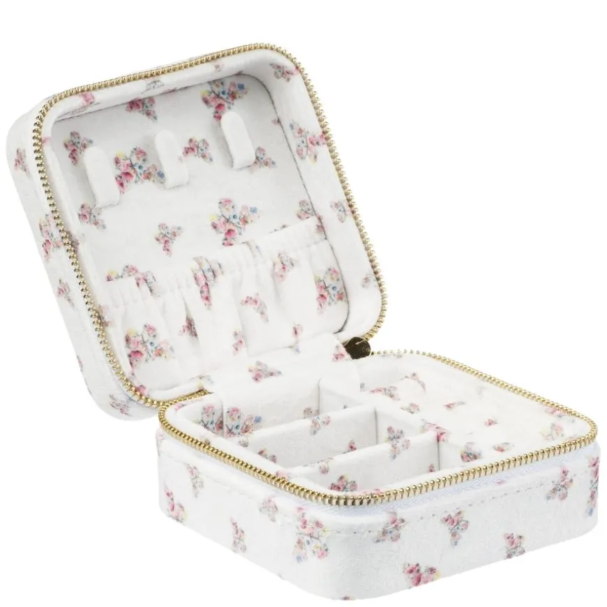 Velvet Jewellery Box Mini Off White Butterfly Pattern