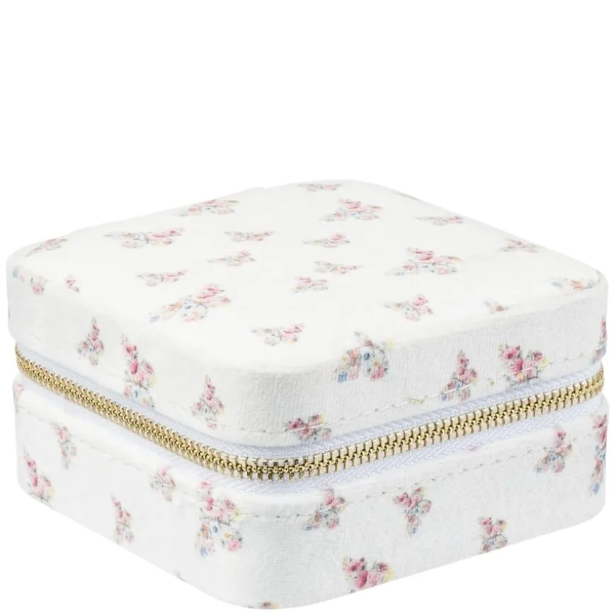 Velvet Jewellery Box Mini Off White Butterfly Pattern