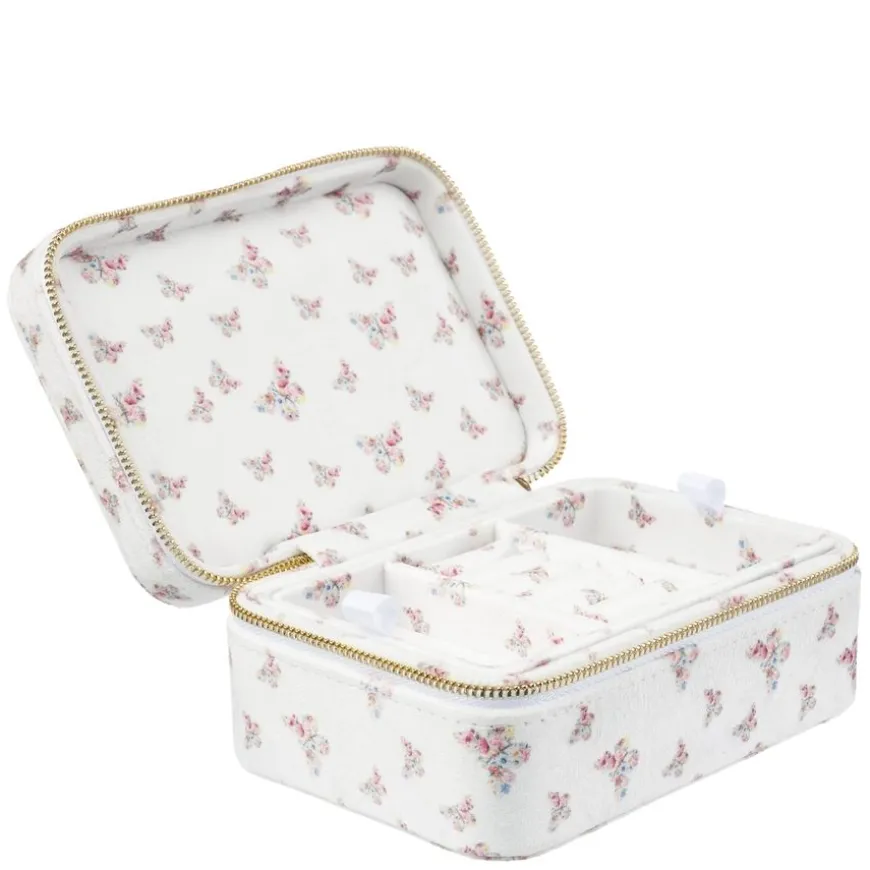 Velvet Jewellery Box Off White Butterfly Pattern