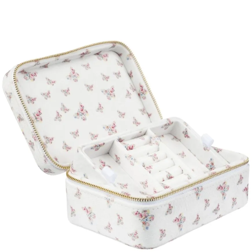 Velvet Jewellery Box Off White Butterfly Pattern