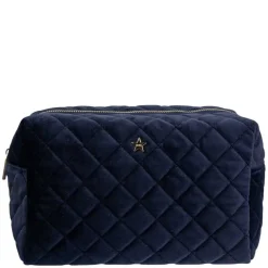 Velvet Square Quilted Make-Up Pouch Small Navy Blue