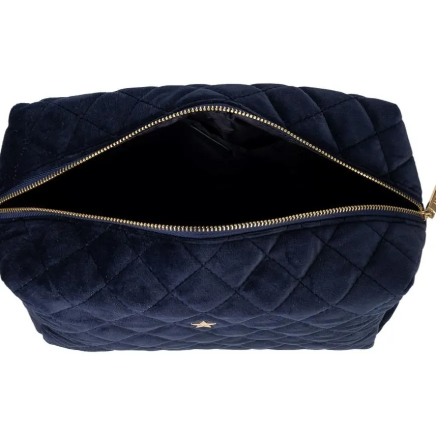 Velvet Square Quilted Make-Up Pouch Small Navy Blue