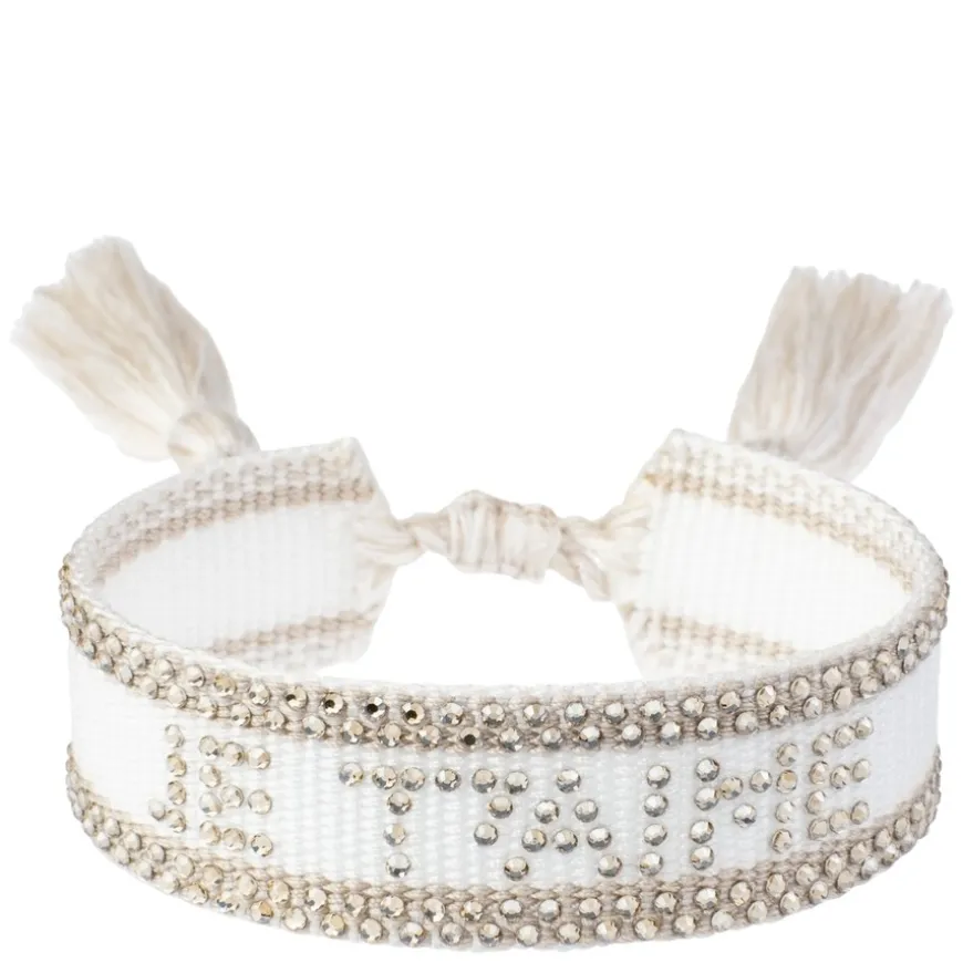 Woven Friendship Bracelet With Crystals "Je T'aime" White With Sand