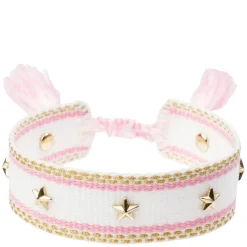 Woven Friendship Bracelet With Star Studs White With Bubblegum Pink & Gold