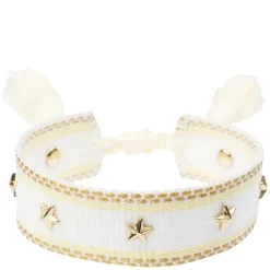 Woven Friendship Bracelet With Star Studs White With Pale Yellow & Gold