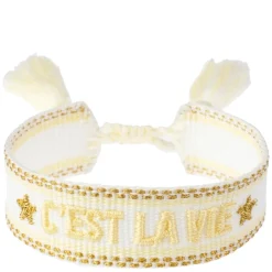 Woven Friendship Bracelet "C'est La Vie" White With Pale Yellow & Gold