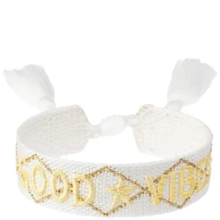 Woven Friendship Bracelet "Good Vibes" White With Pale Yellow & Gold