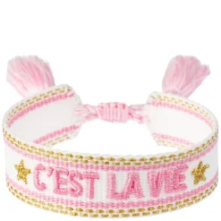 Woven Friendship Bracelet "C'est La Vie" White With Bubblegum Pink & Gold