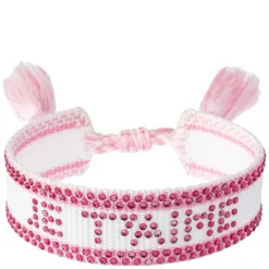 Woven Friendship Bracelet With Crystals "Je T'aime" White W/Bubblegum Pink