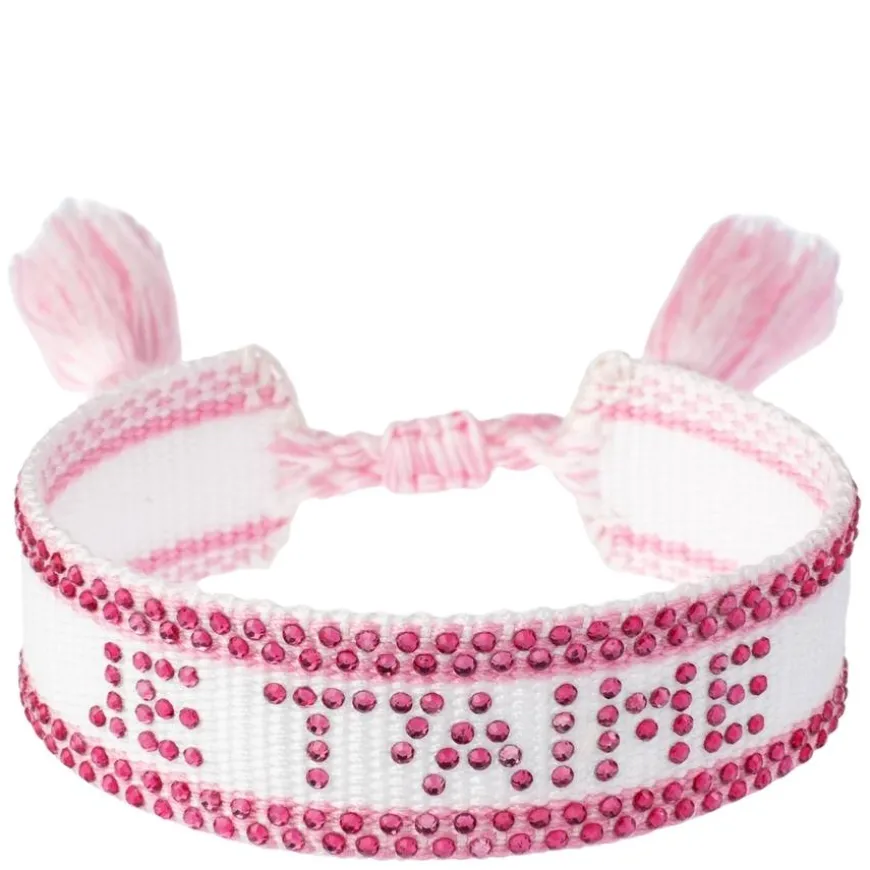 Woven Friendship Bracelet With Crystals "Je T'aime" White W/Bubblegum Pink