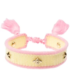 Woven Friendship Bracelet Thin With Sign Studs Pale Yellow & Bubblegum Pink